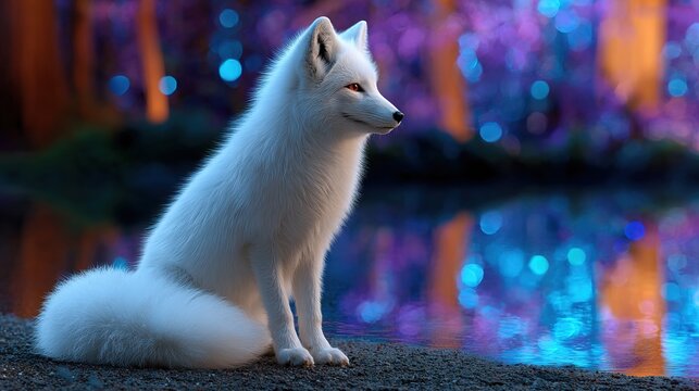 Arctic Fox in a Mystical Forest: A pristine white arctic fox sits serenely by the edge of a reflective body of water, surrounded by an enchanting forest bathed in ethereal.