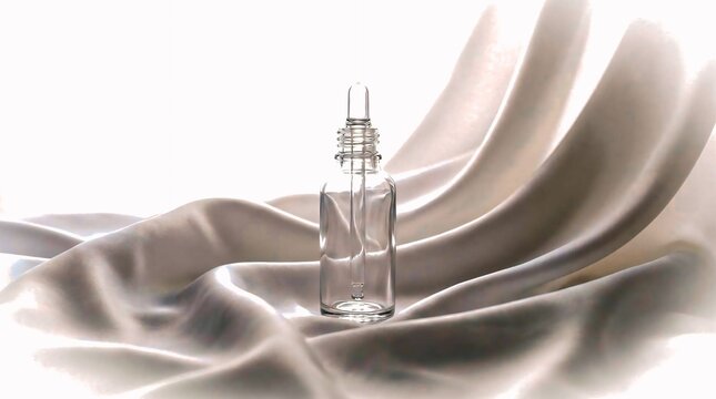 Blank translucent serum bottle resting on draped white silk fabric with diffused backlighting