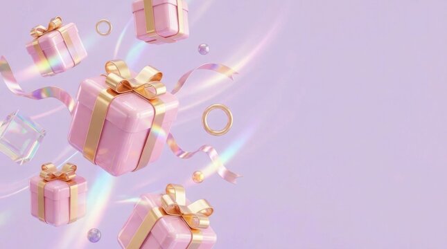 Floating pink gift boxes with golden ribbons against soft pastel purple background for celebration