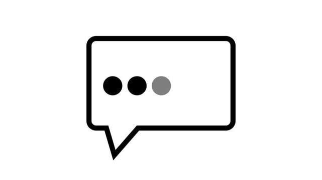 Black color massage icon on white screen.flat ui element 4K video loader motion graphic. Messenger waiting animated indicator g if with typing or thinking dots slowly pulsing inside of it.