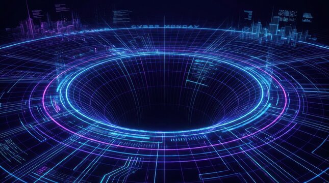 Futuristic digital vortex with glowing cybernetic grid and virtual cityscape interface elements