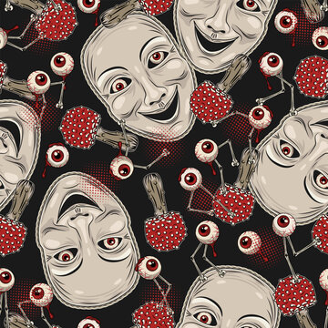 Halloween crazy pattern with mad laughing face mask, eye monsters, fly agaric mushroom, circular halftone shapes. Scattered objects on black background. Creepy illustration in vintage style