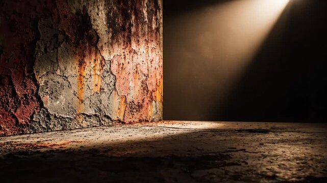 Dramatic rusty corner backdrop with spotlight illuminating a gritty concrete floor in a dark interior