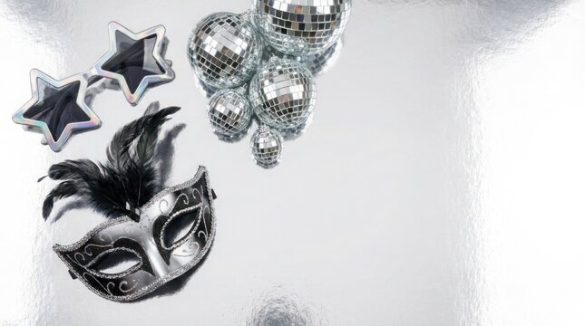 Silver masquerade mask disco balls and star shaped sunglasses on metallic background for celebration