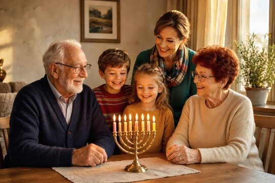 Close detail of menorah candles and warm window reflections &mdash; high‑resolution study of flame, wax, and reflected light that appeals to buyers seeking atmospheric holiday still life and ritual object 