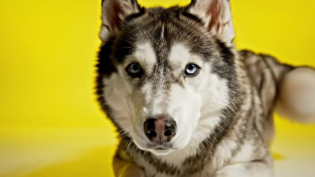 Beautiful Siberian Husky Lying Down with Stunning Blue Eyes on Bright Yellow Background