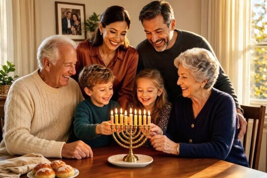 Children watching the menorah flame with wonder &mdash; candid mid‑shot capturing youthful curiosity and the ceremonial glow, suited to educational, cultural, and family‑oriented editorial uses.