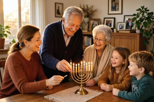 Family menorah lighting in warm window light &mdash; intimate scene of multiple generations gathered by a window as the menorah candles are lit, conveying tradition, togetherness, and festive Hanukkah 