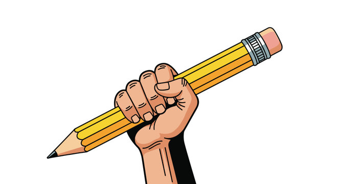 Strong hand clenched in fist holds giant yellow writing pencil in powerful creative concept illustration.