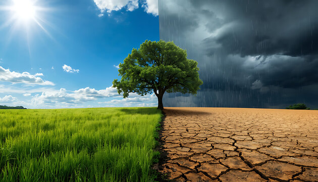 The image powerfully illustrates the dual impacts of climate change, contrasting a thriving, green landscape with a stark, cracked desert under severe weather