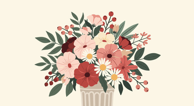 Beautiful spring bouquet of colorful daisies and wildflowers in elegant classic vase against neutral background.