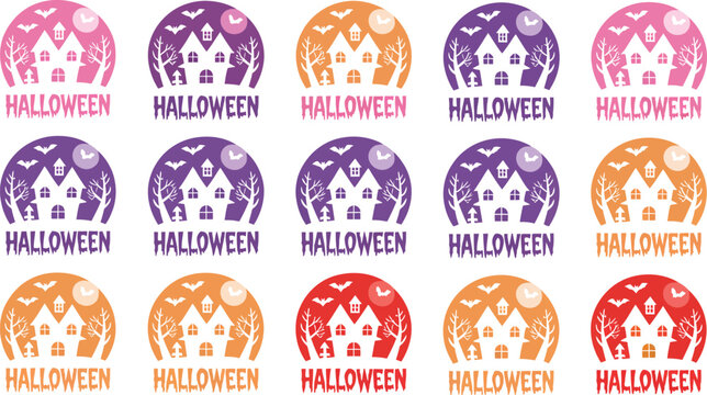 A colorful collection of spooky haunted house Halloween night logos with flying bats and full moons