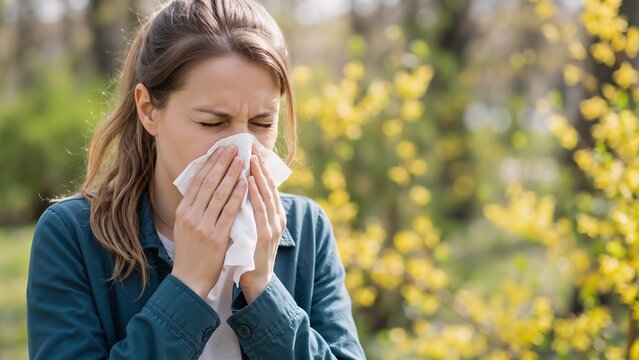 Caucasian woman allergy sufferer blowing nose with tissue in spring park with blooming yellow flowers. Seasonal allergies and healthcare awareness banner with copy space