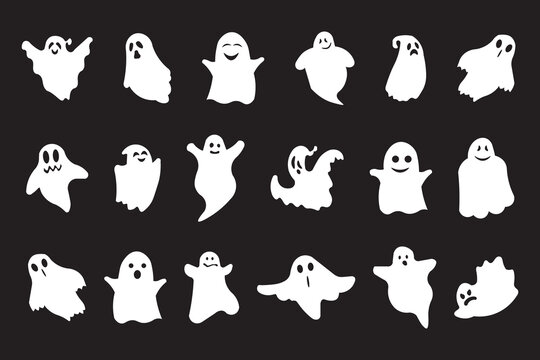 Halloween Ghost Silhouette Character Collection with Cute, Scary, Happy and Flying Spirits on Black Background for Party, Craft and Printable Designs