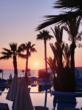 Sea beach sunset light with coconut palm tree againt blue sky summer vacation background
