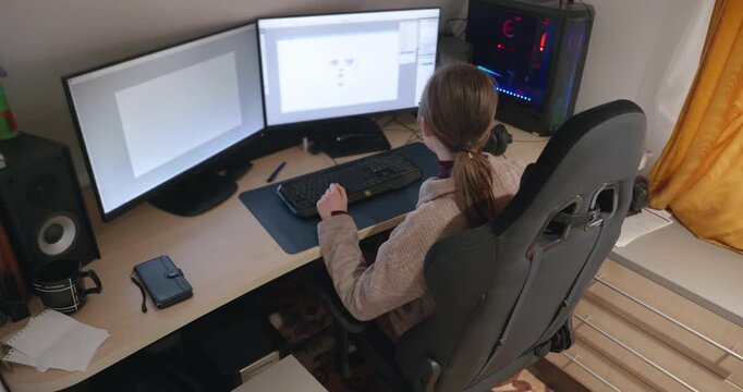 Girl with Glasses Drawing Picture on Desktop Computer Monitor. 4K 10-bit