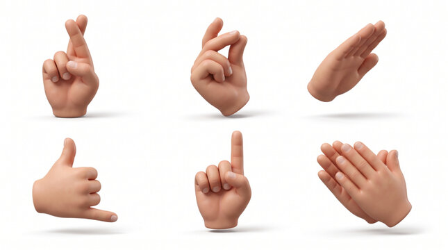 3D cartoon hand gestures icon set featuring crossed fingers for luck, snapping, open palm, shaka call me sign, pointing index finger, and praying hands. Isolated skin tone icons for social media.