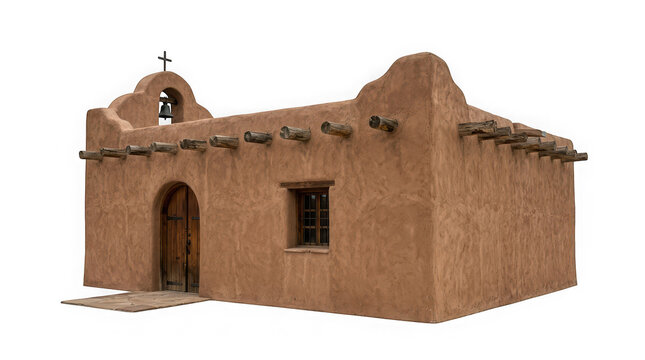Traditional adobe mission church with wooden vigas and bell tower isolated on transparent background