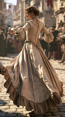 Naklejka premium Paris France Europe lifestyle. A vivid portrayal of a woman in a historical dress, captured in a dynamic pose on a cobblestone street. She wears a fulllength.