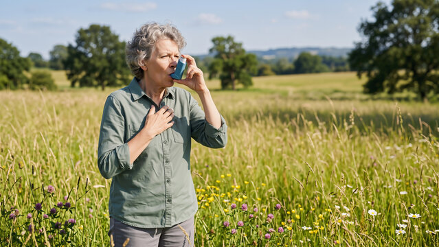 Caucasian senior woman asthma patient using inhaler and holding chest in wildflower field. Allergy relief and respiratory health management banner with copy space