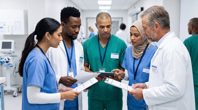 Diverse medical team huddle hospital hallway collaborative patient care discussion photography