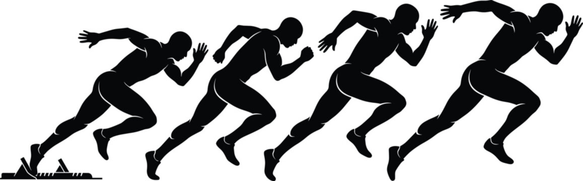 Sprinter starting block acceleration phase sequence male athlete running silhouette vector illustration isolated on white background