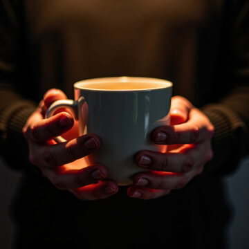 Hands holding mug in dim light.