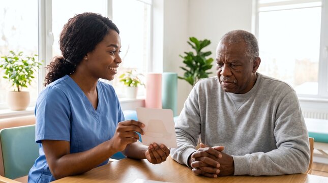 Black speech therapist stroke recovery patient flashcards rehabilitation encouraging determined photography