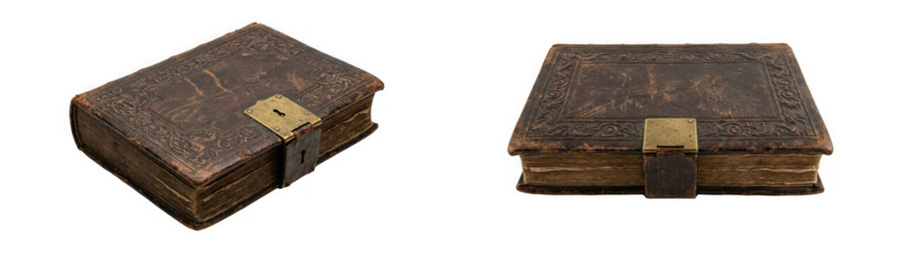 Antique leather book with brass latch isolated on transparent background
