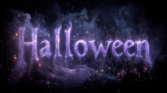 Sparkling Halloween text with glowing particles and smoke.