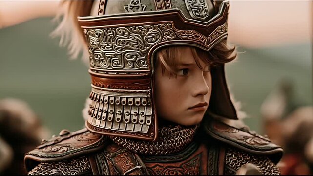 Europe medieval lifestyle. A detailed, closeup portrait of a young warrior in a fantasy setting. The warrior wears ornate, metallic armor with intricate patterns and designs.