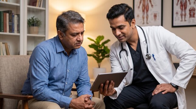 South Asian doctor gentle empathetic explanation worried patient private consultation room photography