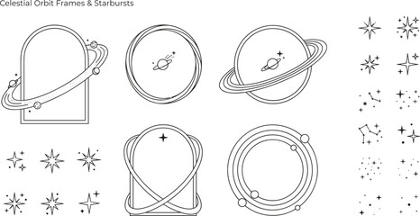 Minimalist celestial orbit frames and starbursts vector design set © Saminur