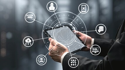 Fototapeta premium Data privacy and cyber security icons show encryption, data privacy safeguards, and cyber security defense. Data privacy ensures cyber security protection and access control. Gist