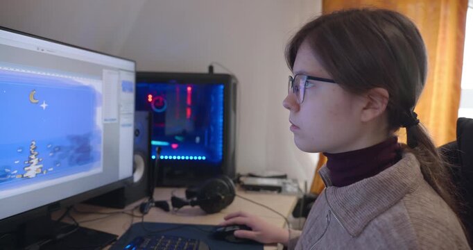 Girl with Glasses Drawing Picture on Desktop Computer Monitor. 4K 10-bit