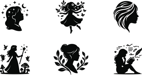  Flat girl dreaming and imagination concept silhouette icons set featuring magic fairy tales storytelling and children wellness graphics © MSTSULTNA