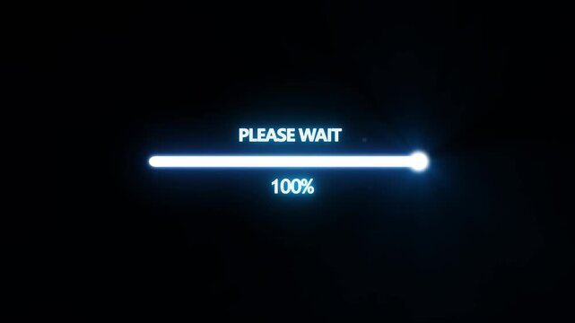 Neon loading progress bar animation with percentage counter, digital data transfer and system update interface