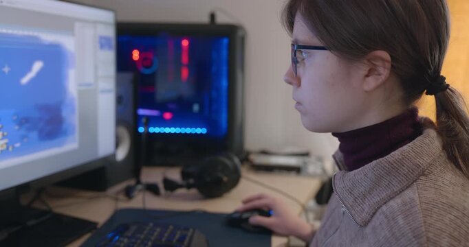 Girl with Glasses Drawing Picture on Desktop Computer Monitor. 4K 10-bit