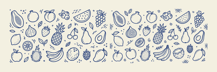 Hand drawn fresh tropical fruit doodle set. Sketch apple, banana, pineapple, watermelon and berry outline vector illustration. © FreelancerHasin