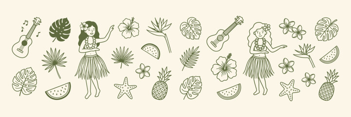 Hand drawn Hawaii luau doodle set. Sketch hula dancer, ukulele, tropical flower and summer beach outline vector illustration. © FreelancerHasin