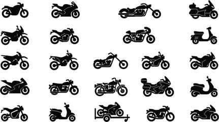 Flat motorcycle silhouette icons collection featuring sport bikes choppers scooters and dirt motorcycles for dealership websites and transport apps © MSTSULTNA