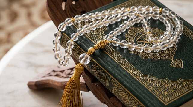 Holy Quran and Prayer Beads on Wooden Stand. Symbolic Mawlid al-Nabi Still Life
