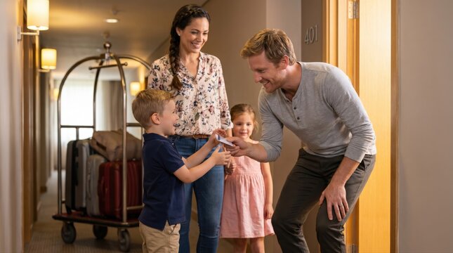 A happy family with two children is checking into their hotel room, receiving a key from a smiling father.