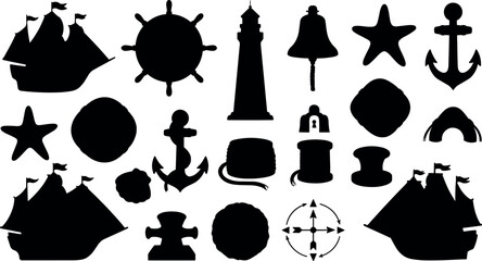 Nautical Maritime and Sailing Black Silhouette Icon Set with Sailing Ships Anchors Lighthouse Helm Starfish and Compass Symbols for Marine Travel Vector Designs © Rtazmina
