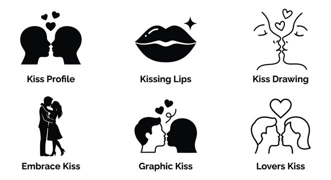 Kissing silhouettes collection black vector graphics on white background