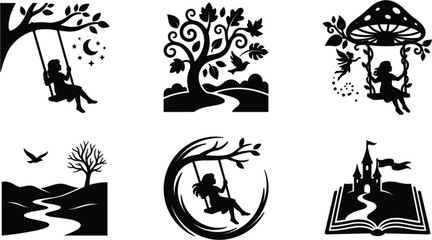  Flat storytelling and fairy tale silhouette icons set featuring magic castles swings books and fantasy world landscape concepts © MSTSULTNA