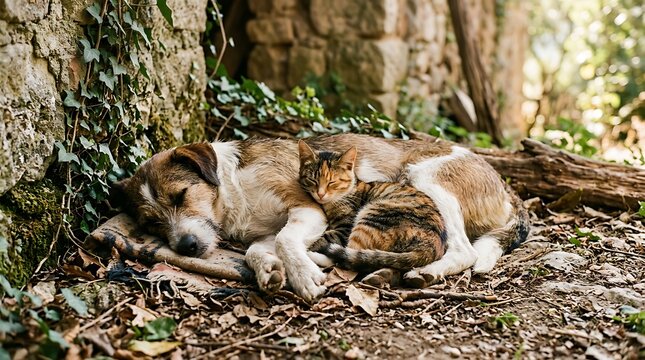 Two young foxes resting in a forest clearing.