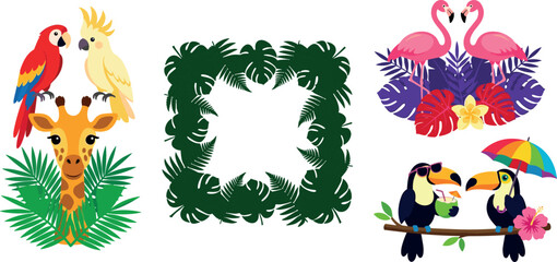 Tropical Animal and Jungle Leaf Vector Set with Giraffe Parrot Flamingo Toucan and Monstera Wreath Elements for Summer Vacation Greeting Card Designs © Rtazmina