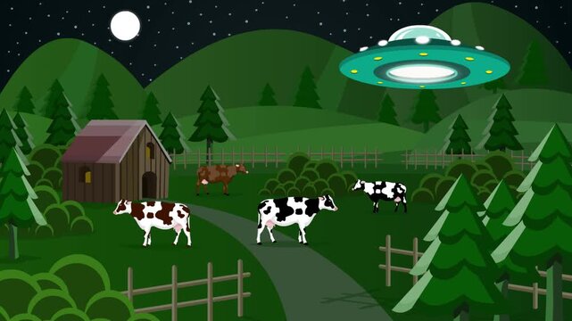 Cartoon style animation of several cows on a farm at night, art, drawing, 2D.