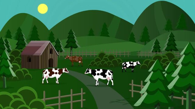 Cartoon style animation of several cows on a farm, day, art, drawing, 2D.